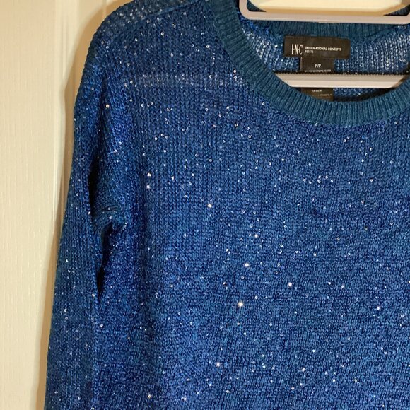 INC International Concepts Women's Blue Sequin Semi Sheer Sweater Size P Party - Picture 2 of 6